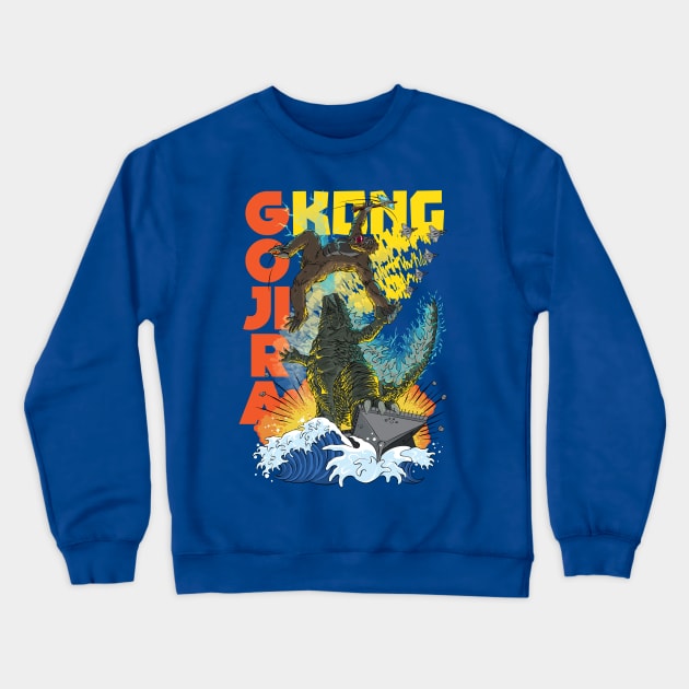 Gojira & Kong on the ocean Crewneck Sweatshirt by foozledesign